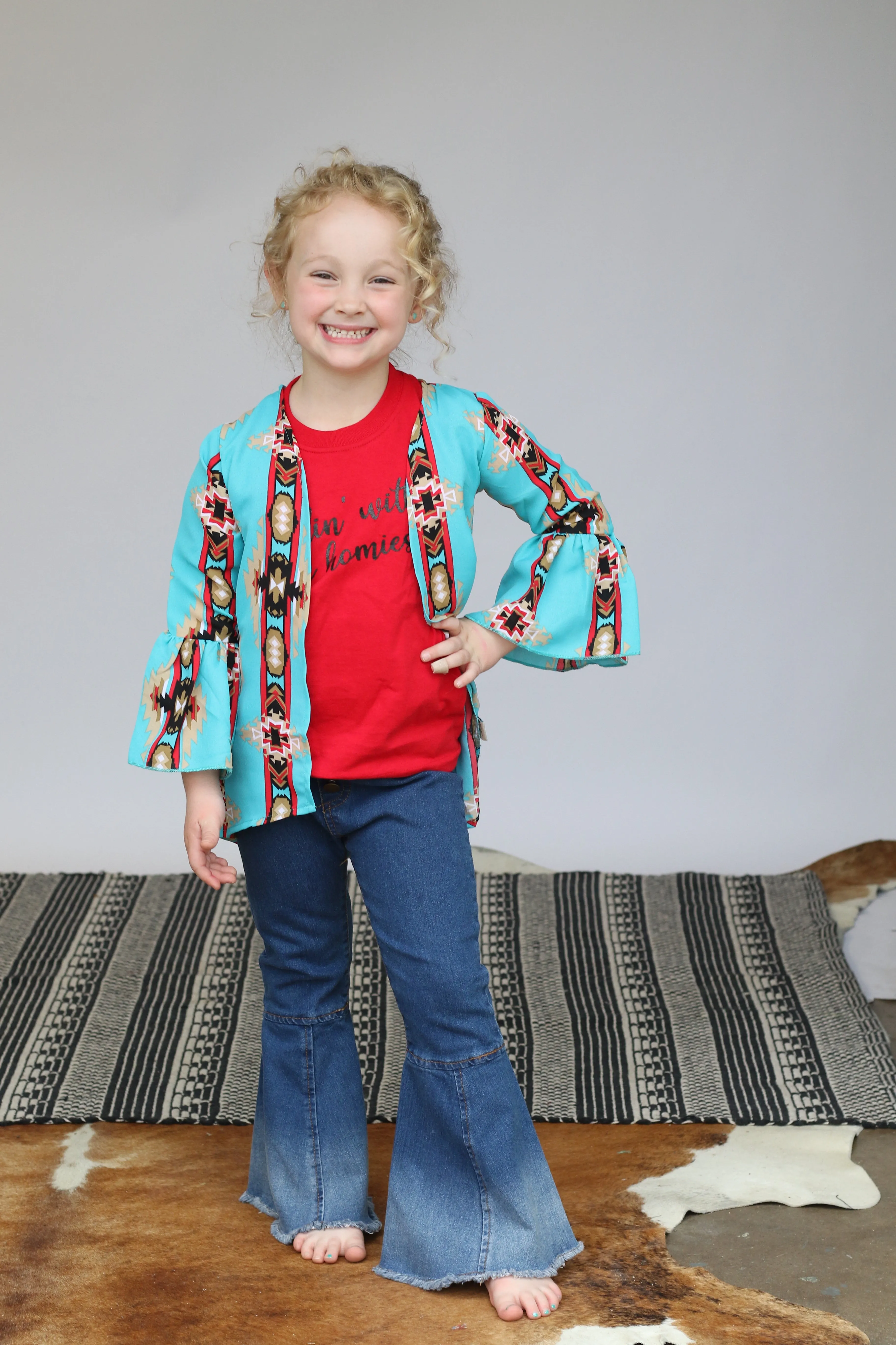 45922 Toddler Turquoise Aztec Short Ruffle Sleeve Kimono(4@$6)