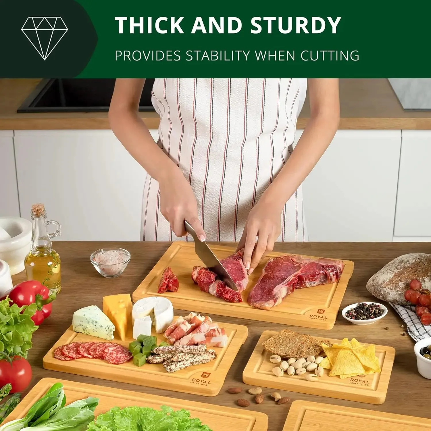 al Craft Wood Wooden Serving Boards For Kitchen Meal Prep&Bamboo Wood Cutting Board Set With Deep Juice Groove Side