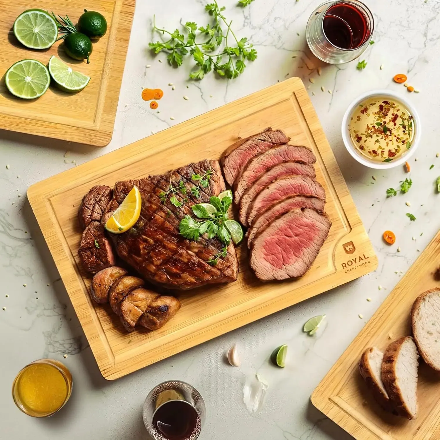 al Craft Wood Wooden Serving Boards For Kitchen Meal Prep&Bamboo Wood Cutting Board Set With Deep Juice Groove Side