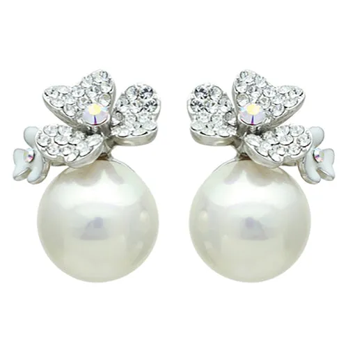 Bridal Wedding Jewelry Crystal Rhinestone Pearl Floral Stud Earring Silver Ivory