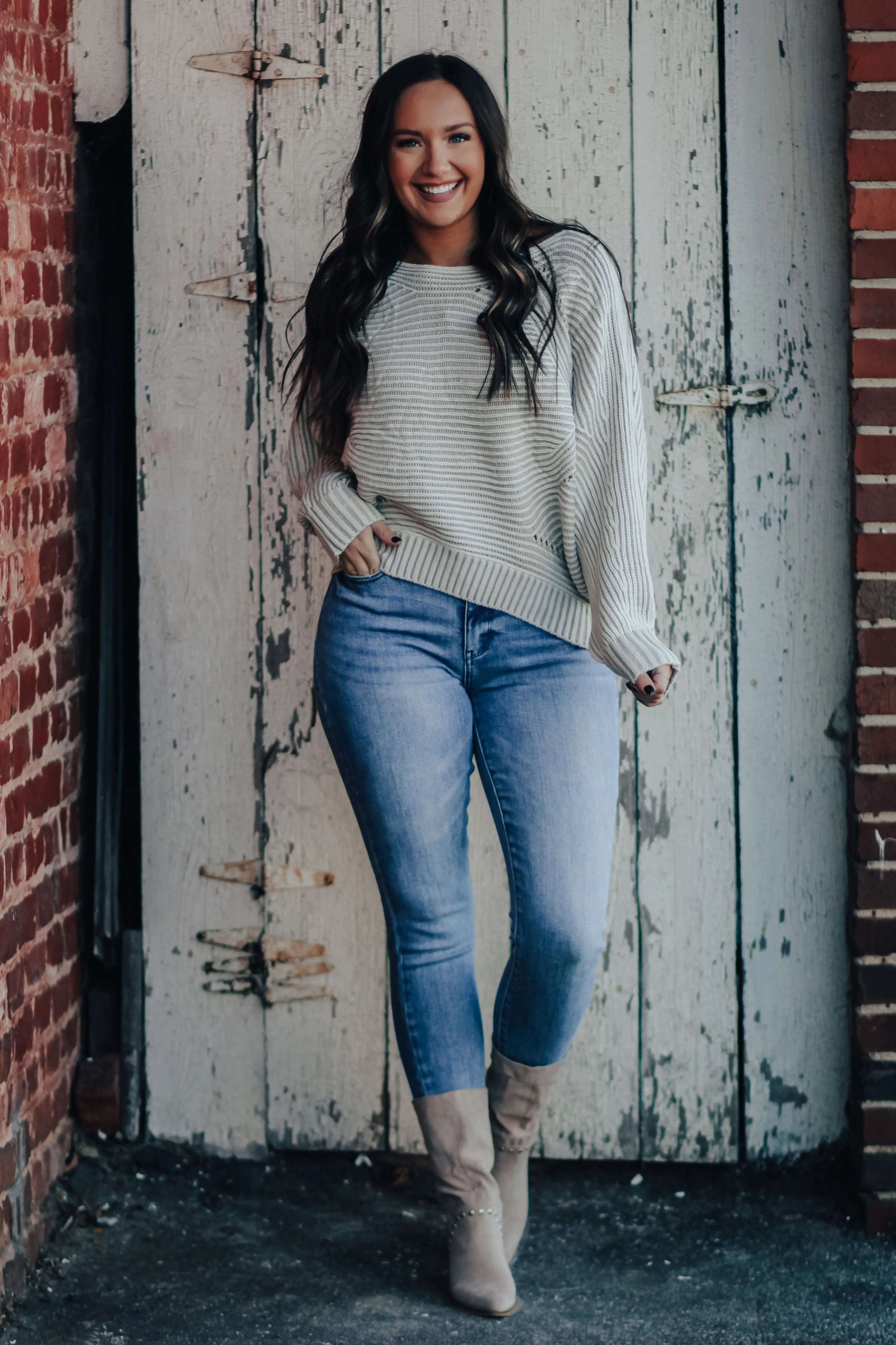 Ivory & Grey Dolman Sleeve Sweater In Regular & Curvy