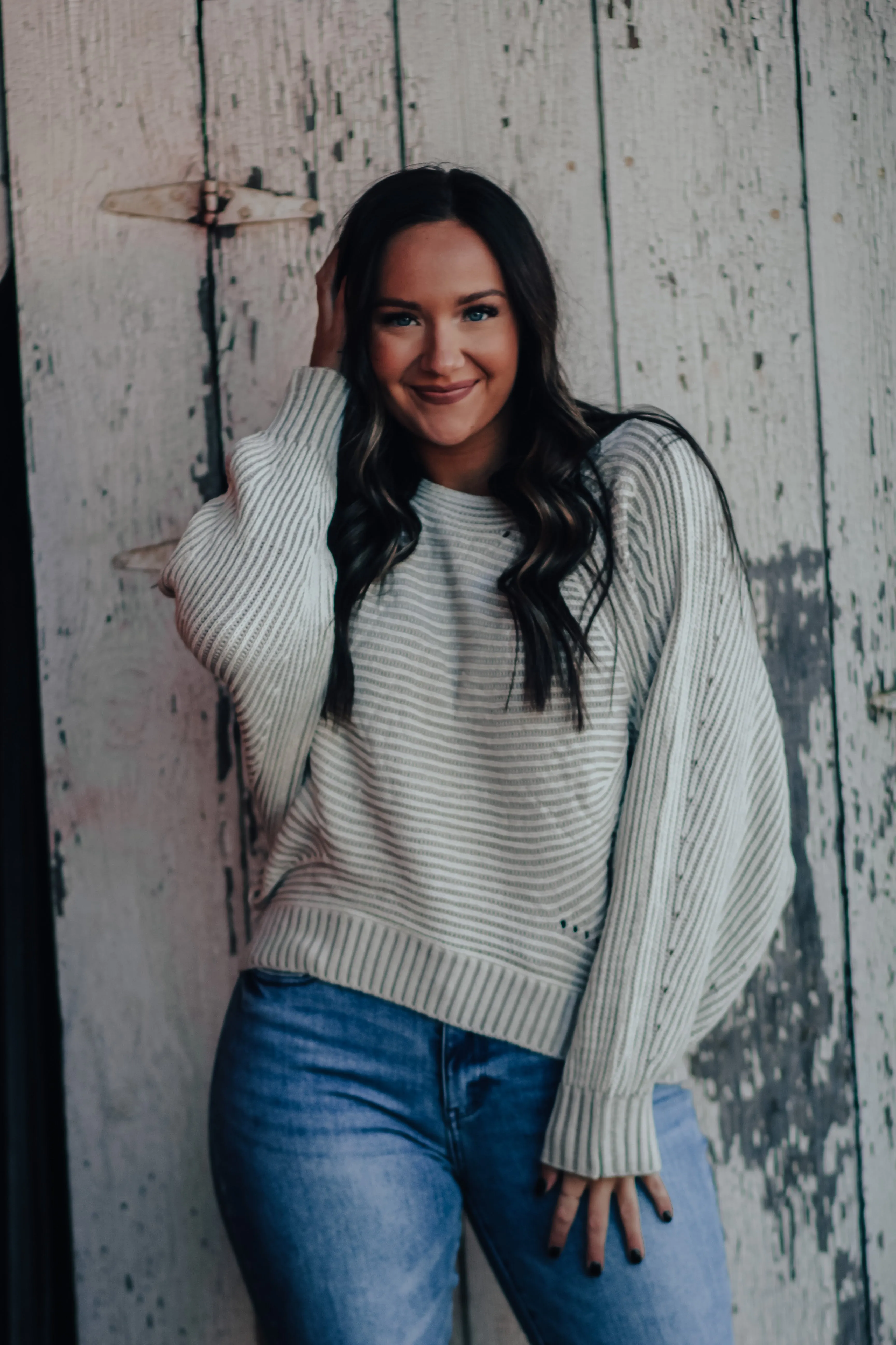 Ivory & Grey Dolman Sleeve Sweater In Regular & Curvy
