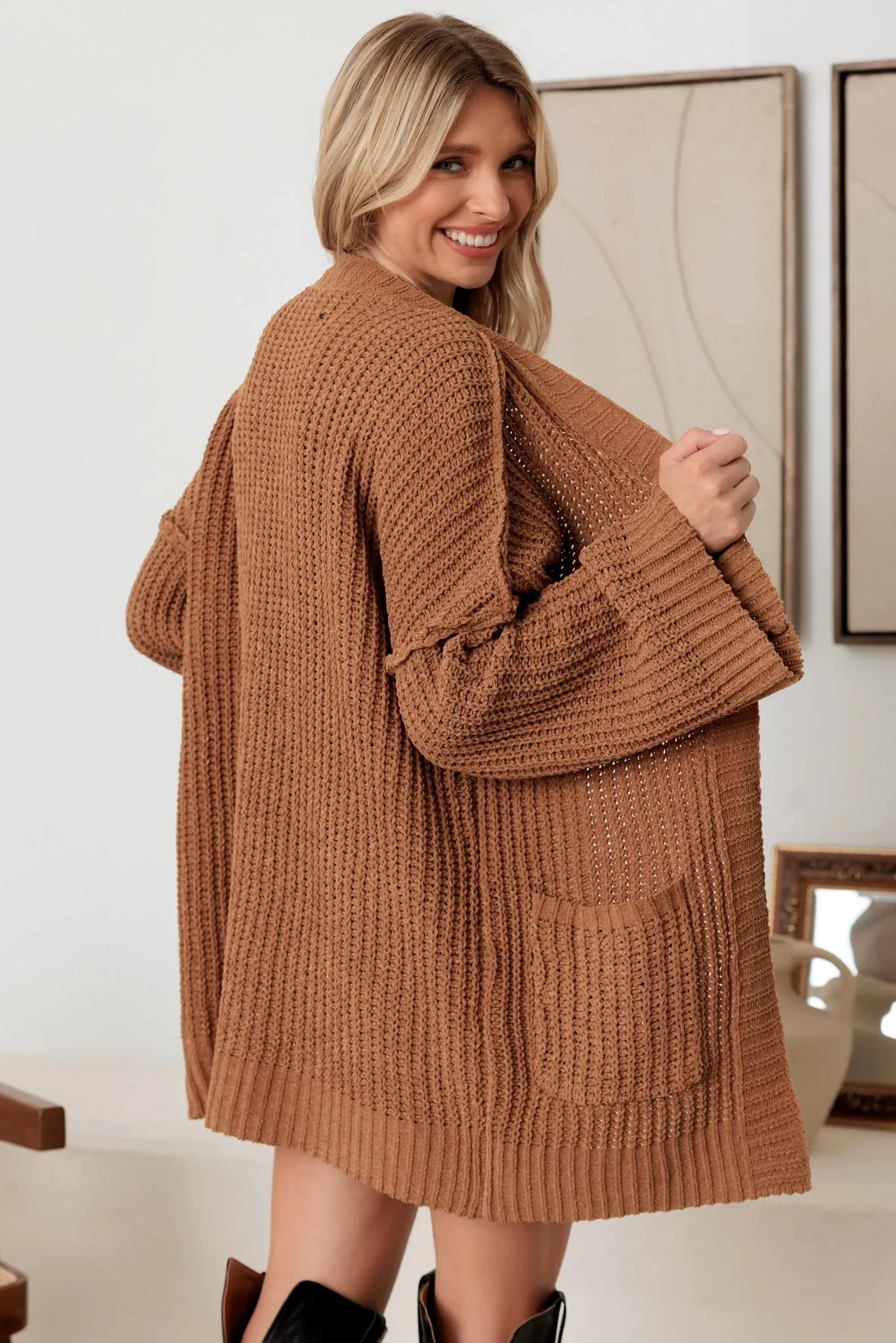 Long Sleeve Two Pocket Open Front Knit Cardigan