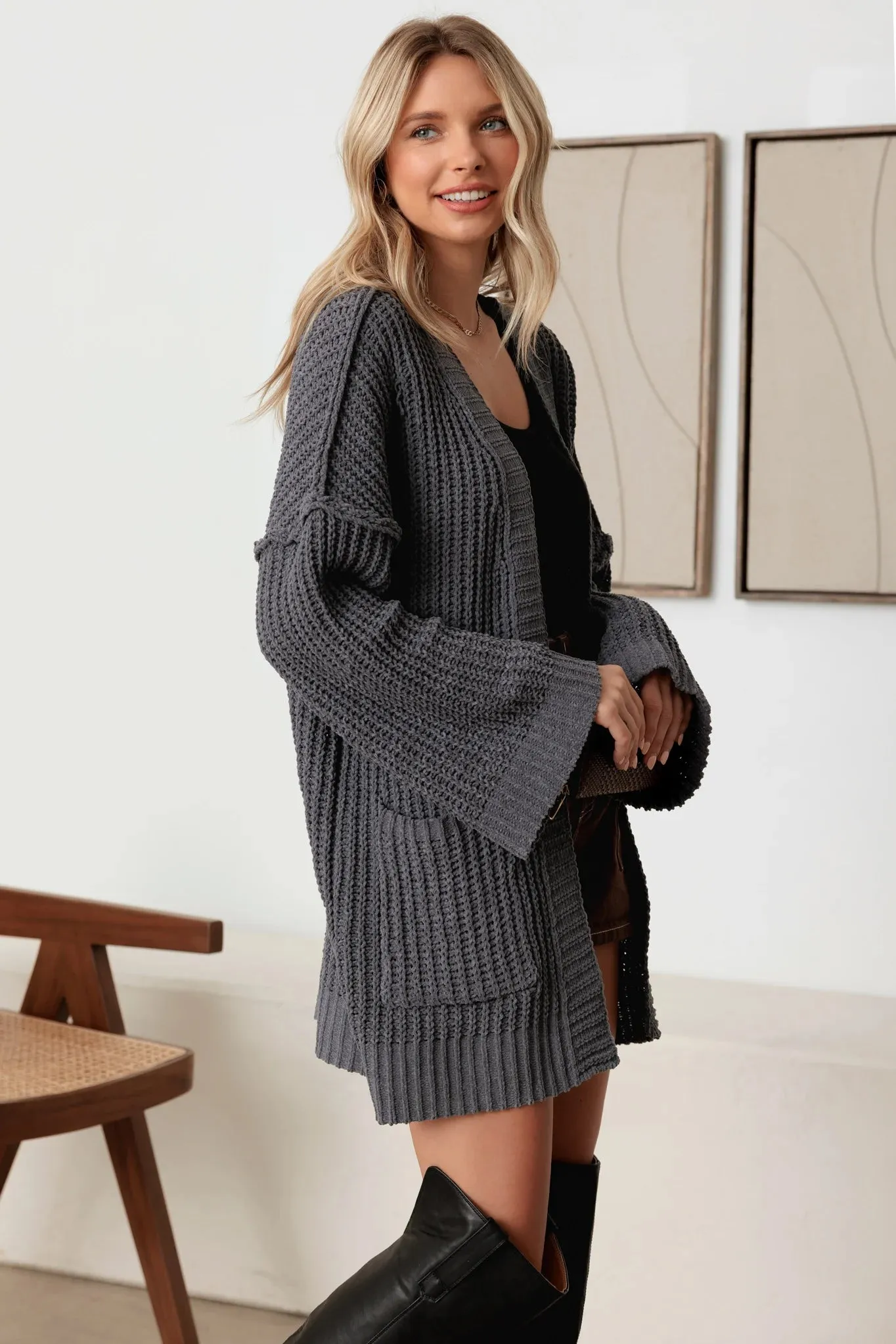 Long Sleeve Two Pocket Open Front Knit Cardigan