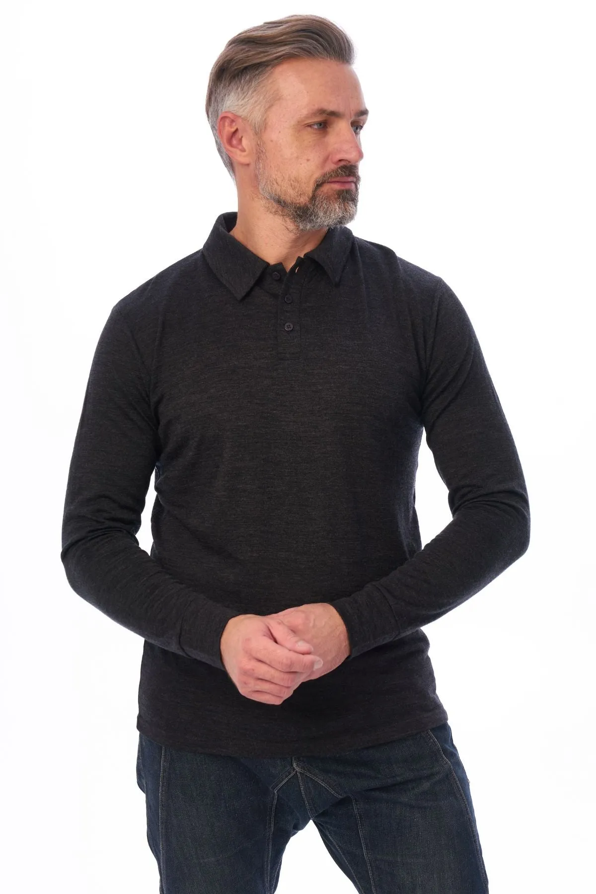Men's Merino Wool Long Sleeve Polo Charcoal Grey