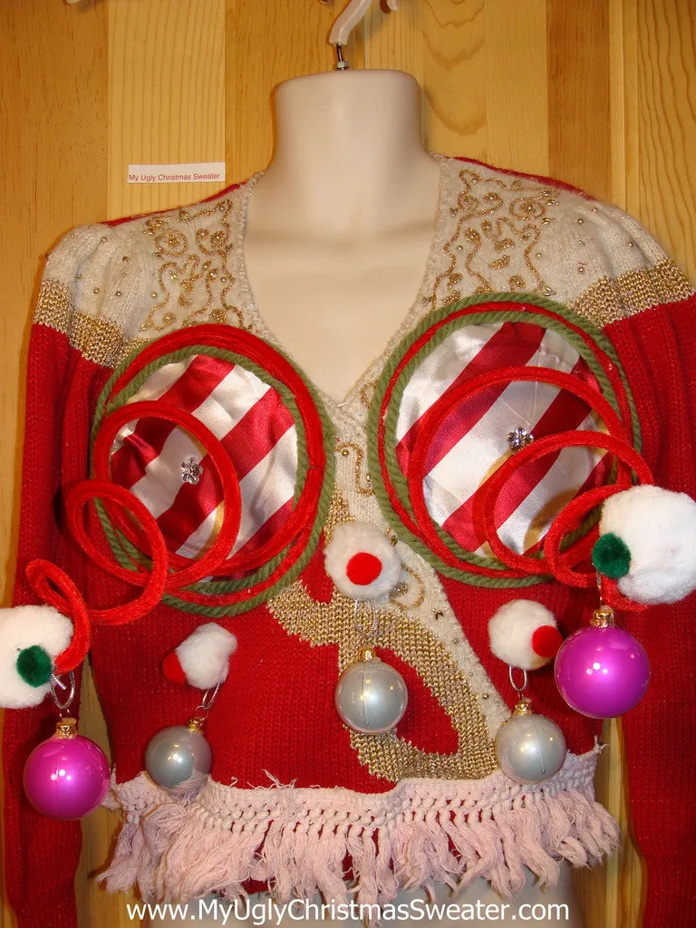 Naughty Tacky 3D Ugly Christmas Sweater Springy Funny 80s Padded Shoulders Glam Fringe (r8)