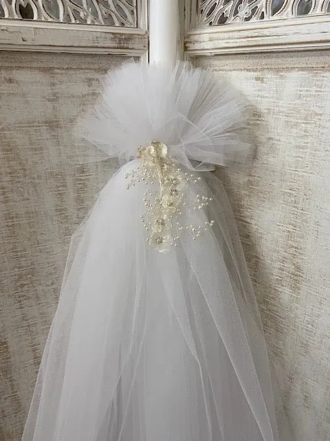Orthodox Christening Candle - Flowers and Pearls