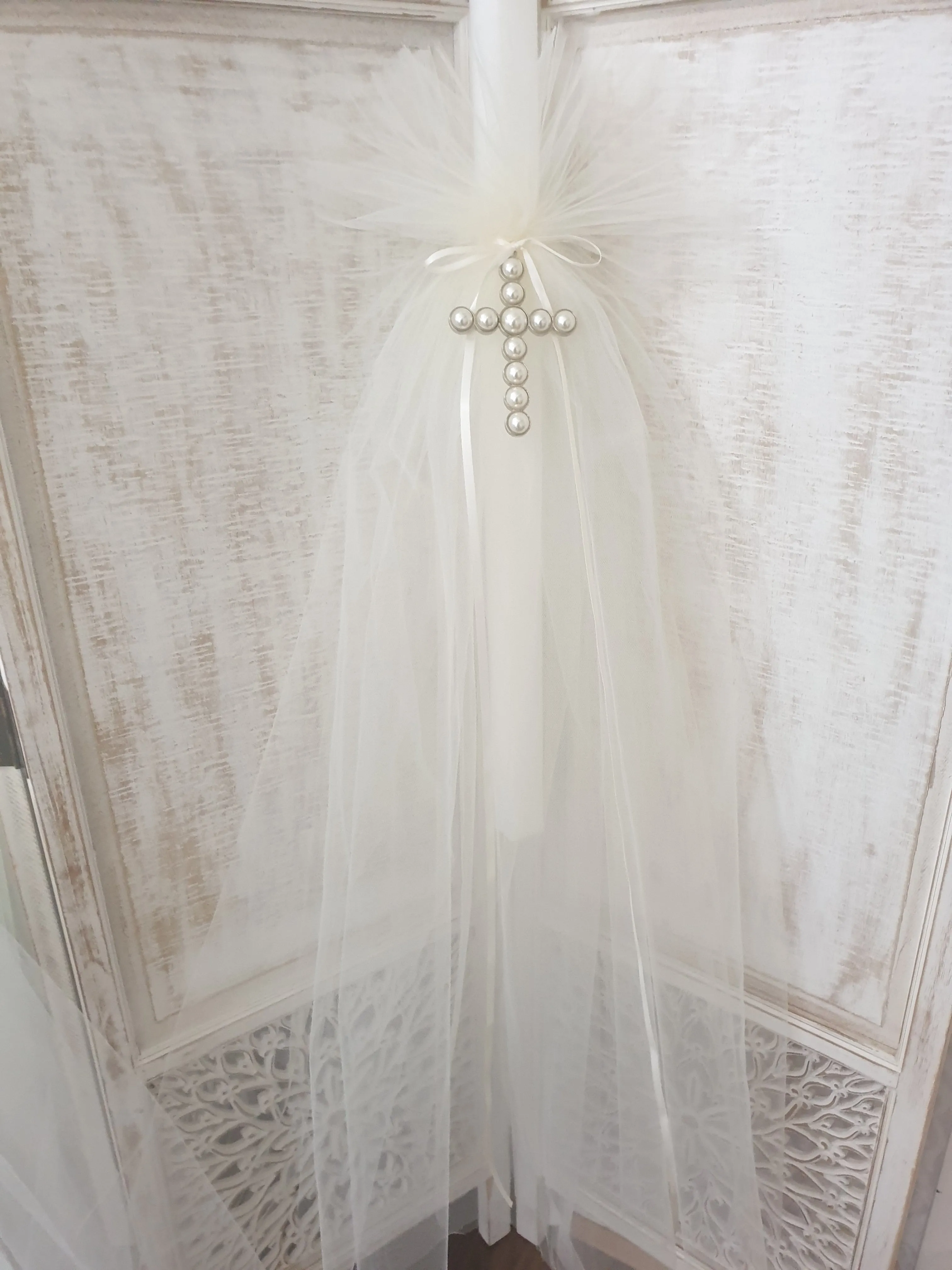 Orthodox Christening Candle - Large Pearl Cross