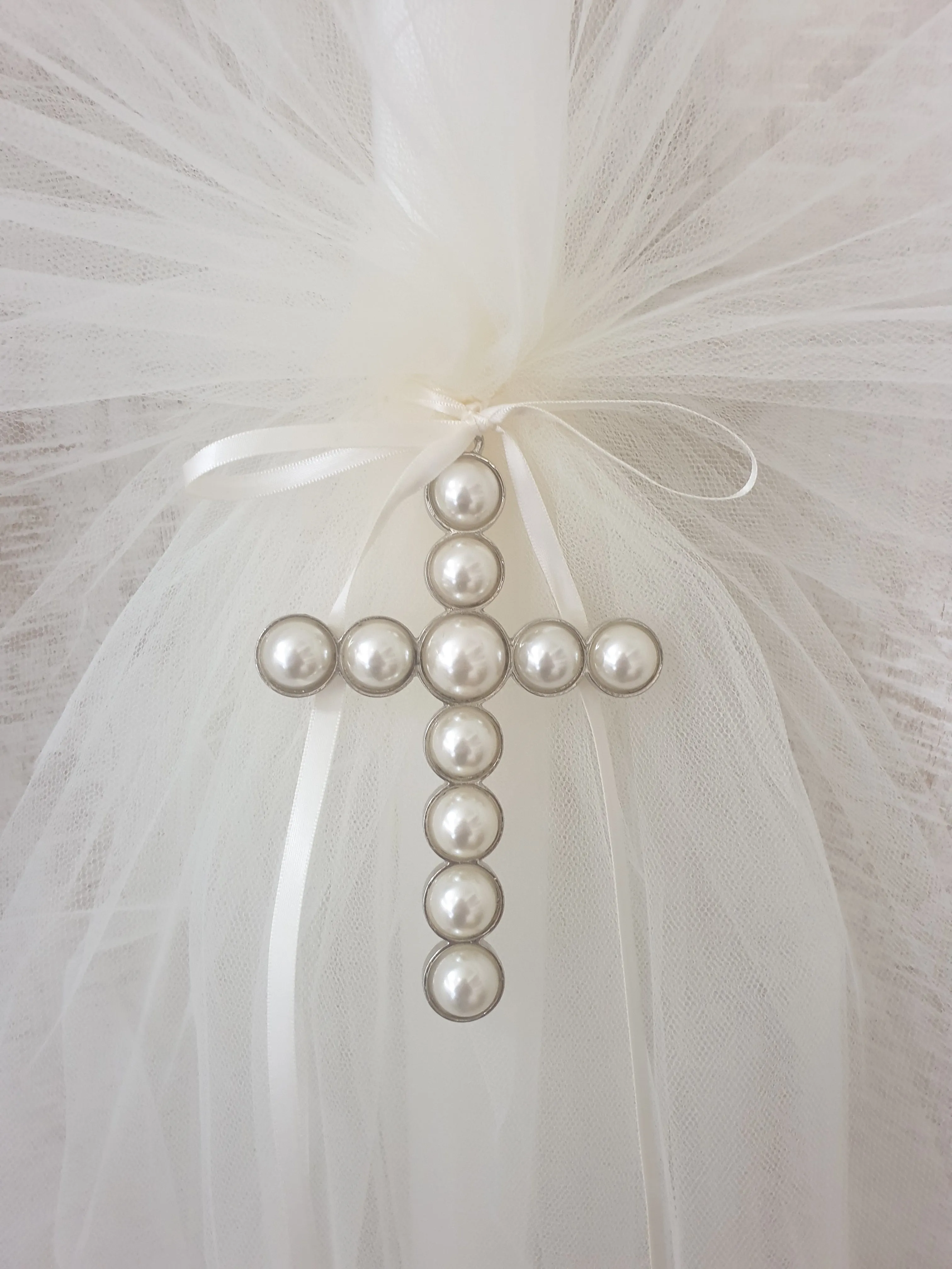 Orthodox Christening Candle - Large Pearl Cross